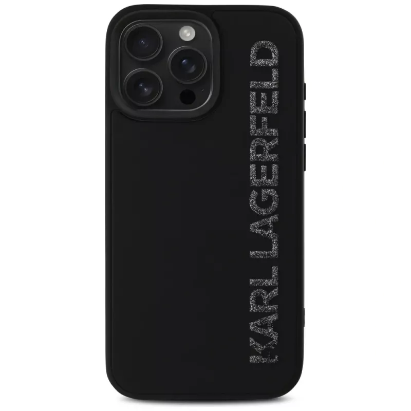 KARL LAGERFELD HC 3D Rubber Elongated Glitter Case voor Apple iPhone 16 Pro, zwart
