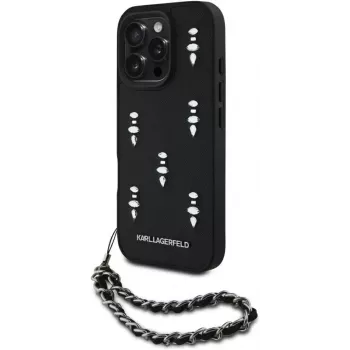 Karl Lagerfeld Saffiano Crystals with Chain Back Cover voor iPhone 16 Pro, zwart