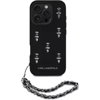 Karl Lagerfeld Saffiano Crystals with Chain Back Cover voor iPhone 16 Pro, zwart