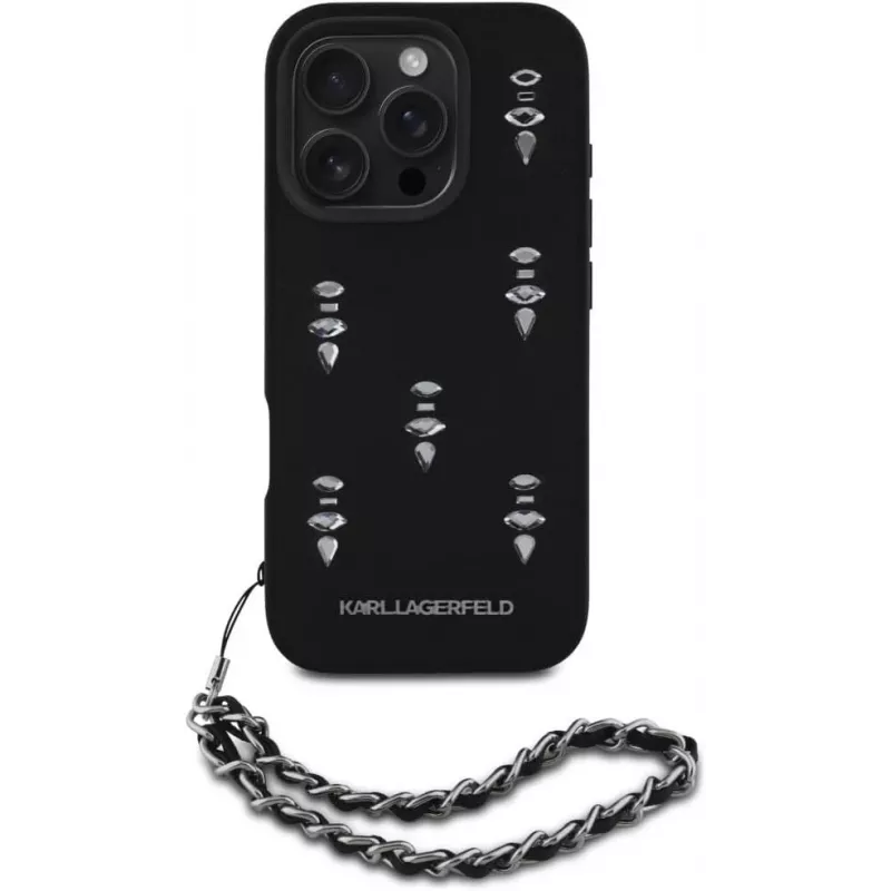 Karl Lagerfeld Saffiano Crystals with Chain Back Cover voor iPhone 16 Pro, zwart