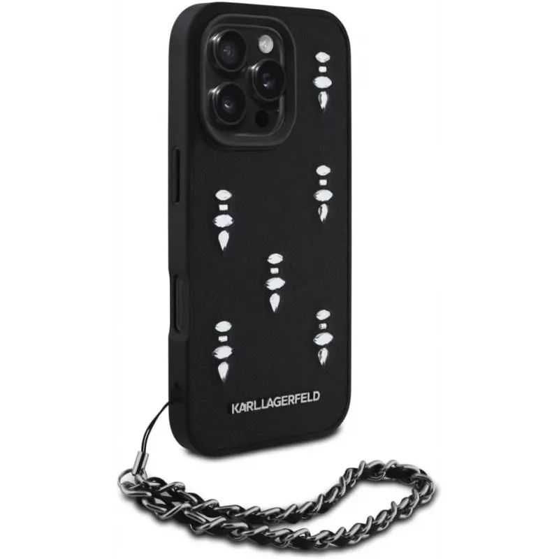 Karl Lagerfeld Saffiano Crystals with Chain Back Cover voor iPhone 16 Pro, zwart