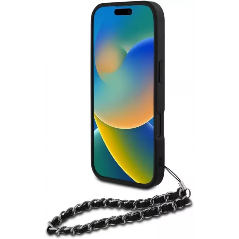 Karl Lagerfeld Saffiano Crystals with Chain Back Cover voor iPhone 16 Pro, zwart