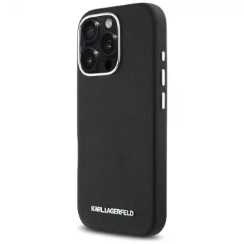 Karl Lagerfeld Saffiano Full Wrapped Elongated Metal Logo MagSafe Case voor iPhone 16 Pro zwart