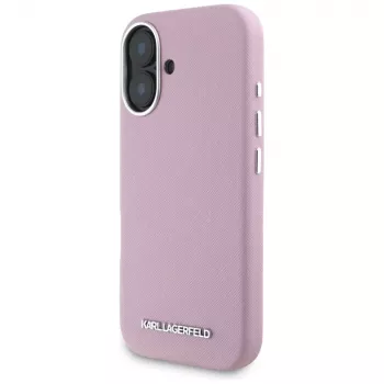 KARL LAGERFELD Saffiano Full Wrapped Elongated Metal Logo MagSafe Case voor Apple iPhone 16 - roze