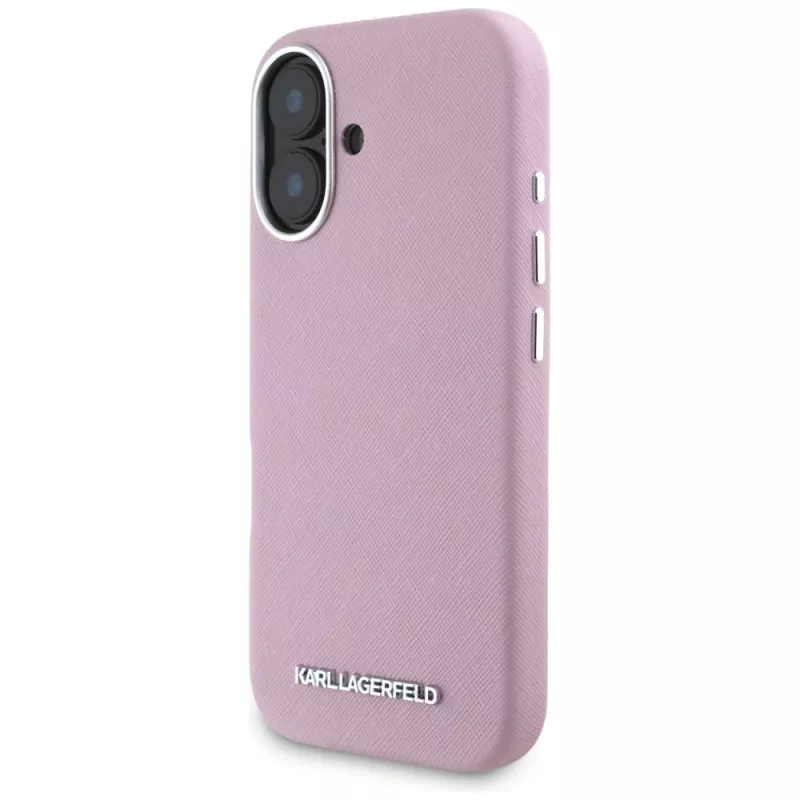 KARL LAGERFELD Saffiano Full Wrapped Elongated Metal Logo MagSafe Case voor Apple iPhone 16 - roze