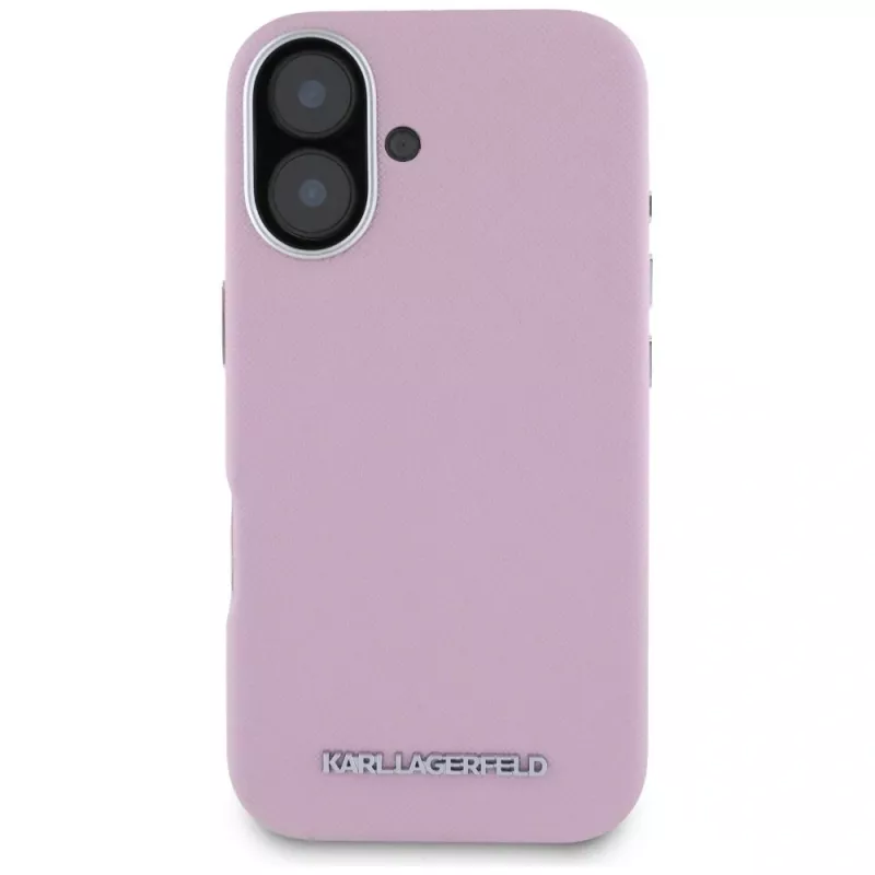 KARL LAGERFELD Saffiano Full Wrapped Elongated Metal Logo MagSafe Case voor Apple iPhone 16 - roze