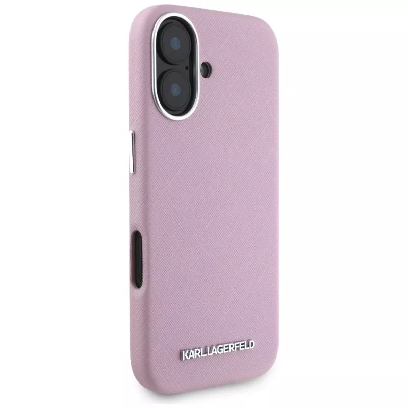KARL LAGERFELD Saffiano Full Wrapped Elongated Metal Logo MagSafe Case voor Apple iPhone 16 - roze