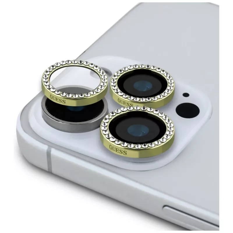2-in-1 Guess BP Rhinestone Screen and Camera Lens Protector Kit voor iPhone 16 Pro Max goud