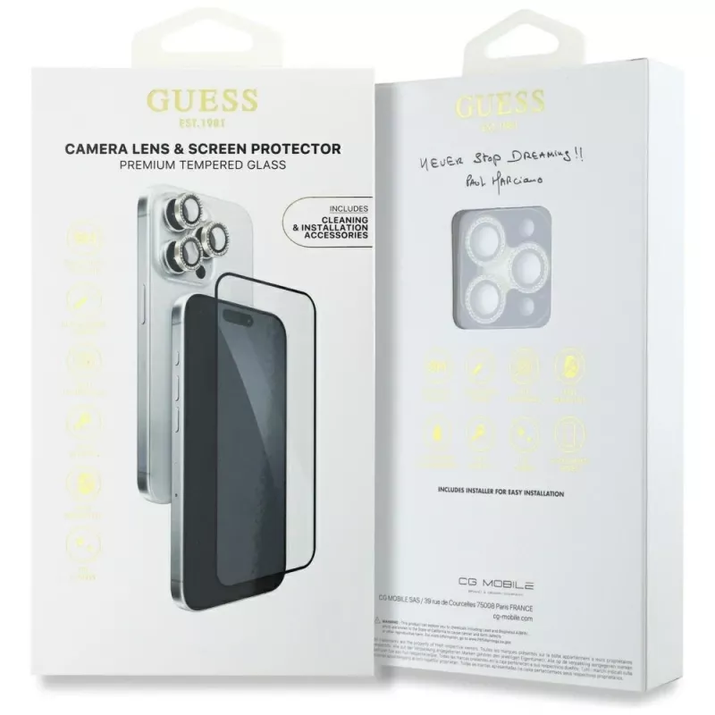 2-in-1 Guess BP Rhinestone Screen and Camera Lens Protector Kit voor iPhone 16 Pro Max goud