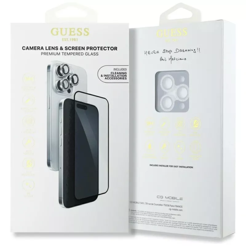 Guess BP Rhinestone 2-in-1 Screen and Camera Lens Protector Set voor Apple iPhone 16 Pro Max - zilver