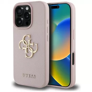 Guess Grained Big 4G Logo Small Classic Logo backcover voor Apple iPhone 16 Pro (roze)