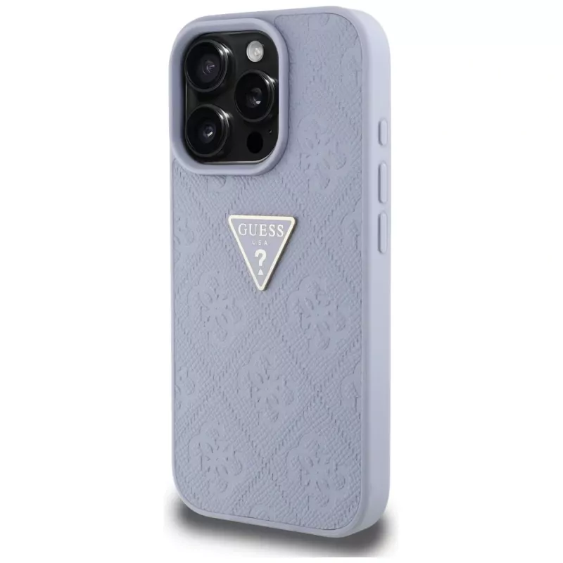 Guess Hot Stamp 4G Pattern Triangle Metal Logo backcover voor iPhone 16 Pro, paars