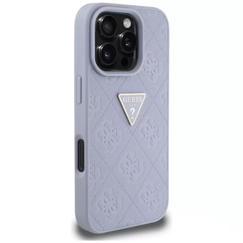 Guess Hot Stamp 4G Pattern Triangle Metal Logo backcover voor iPhone 16 Pro, paars