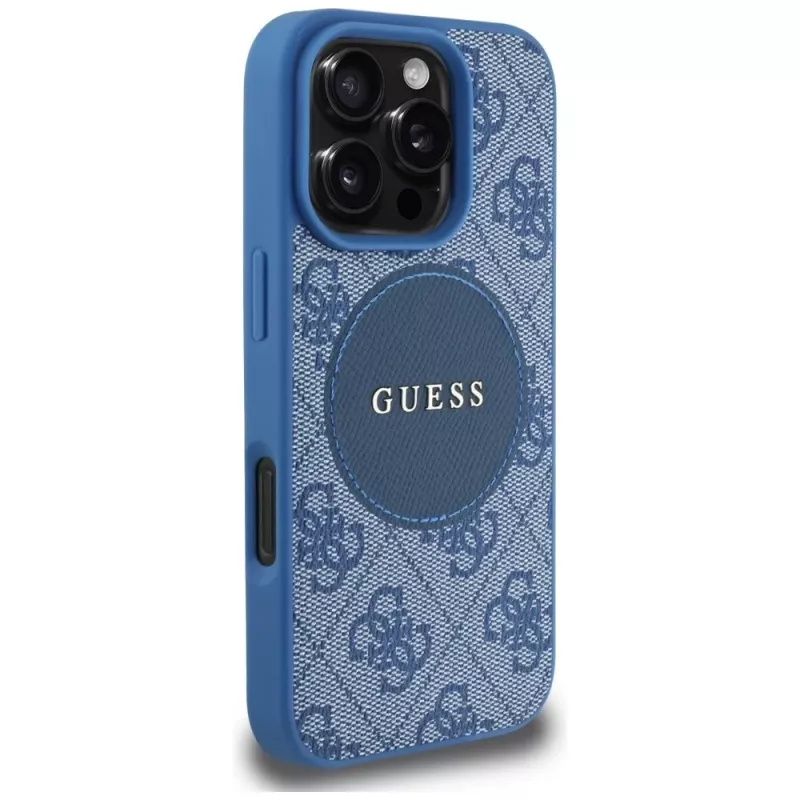 Guess 4G Circle Classic Logo MagSafe hoesje voor iPhone 16 Pro Max, blauw