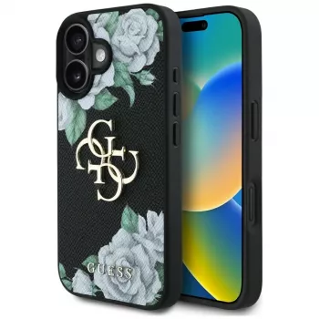 Guess Grained Roses Big 4G Logo Case voor Apple iPhone 16, zwart