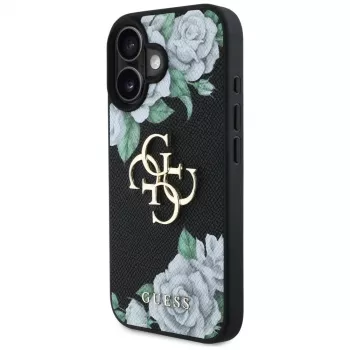 Guess Grained Roses Big 4G Logo Case voor Apple iPhone 16, zwart