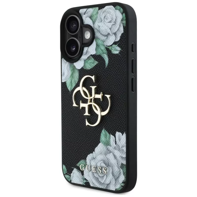 Guess Grained Roses Big 4G Logo Case voor Apple iPhone 16, zwart