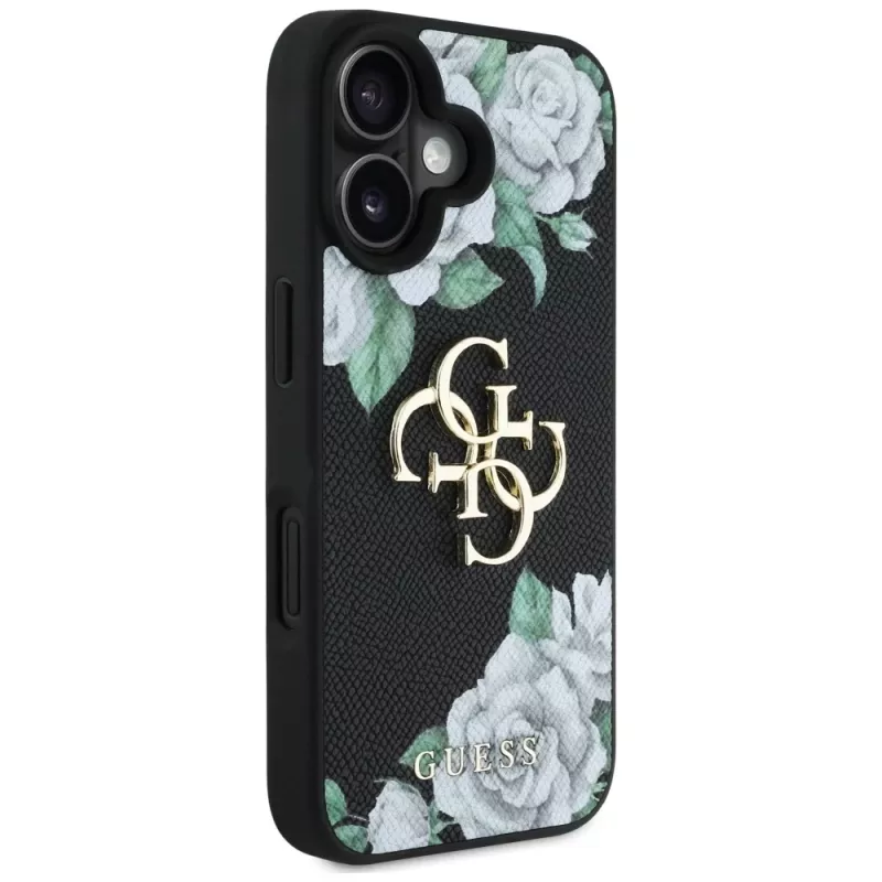 Guess Grained Roses Big 4G Logo Case voor Apple iPhone 16, zwart