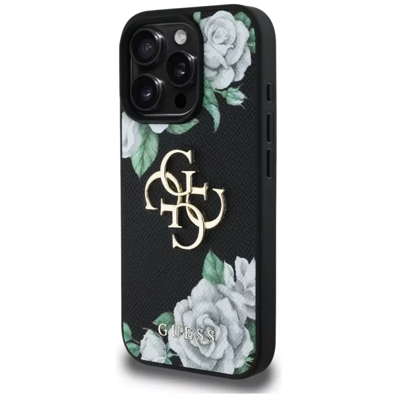 Guess Grained Roses Big 4G Logo Case voor Apple iPhone 16 Pro, zwart