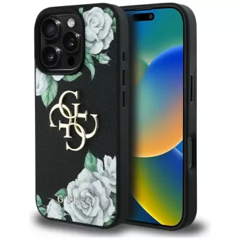 Guess Grained Roses Big 4G Logo Case voor iPhone 16 Pro Max, zwart