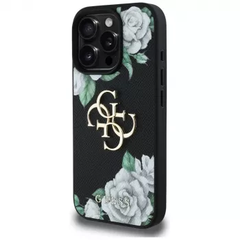 Guess Grained Roses Big 4G Logo Case voor iPhone 16 Pro Max, zwart