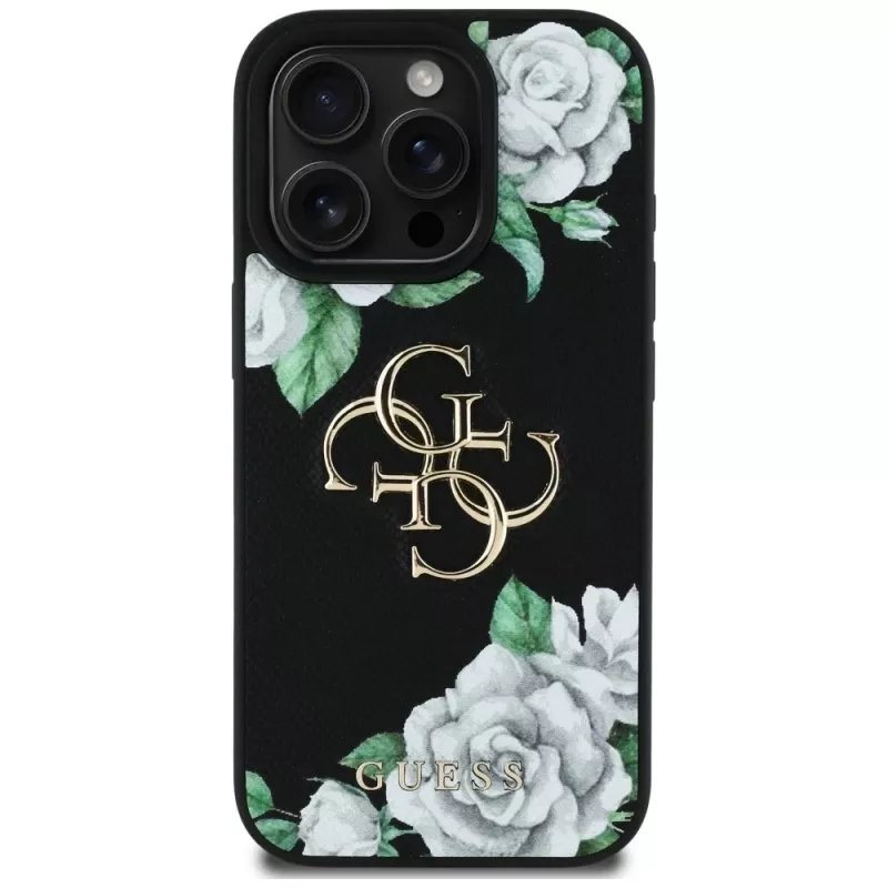 Guess Grained Roses Big 4G Logo Case voor iPhone 16 Pro Max, zwart