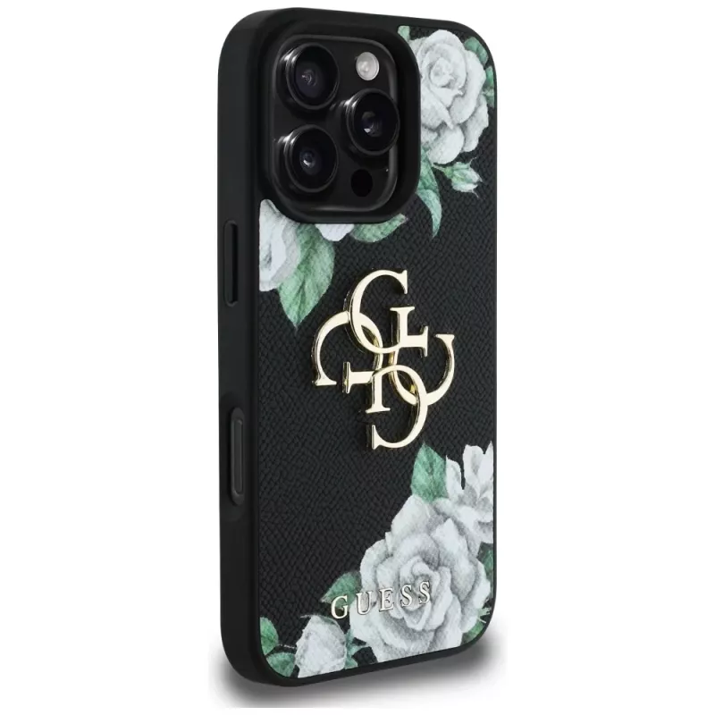 Guess Grained Roses Big 4G Logo Case voor iPhone 16 Pro Max, zwart