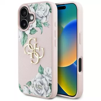 Guess Grained Roses Big 4G Logo Case voor Apple iPhone 16 - roze