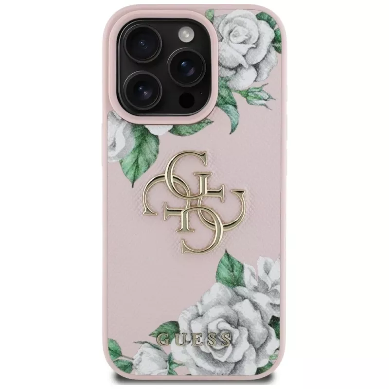 Guess Grained Roses Big 4G Logo Case voor Apple iPhone 16 Pro, roze