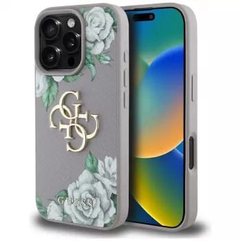Guess Grained Roses Big 4G Logo Back Cover voor Apple iPhone 16 Pro - paars