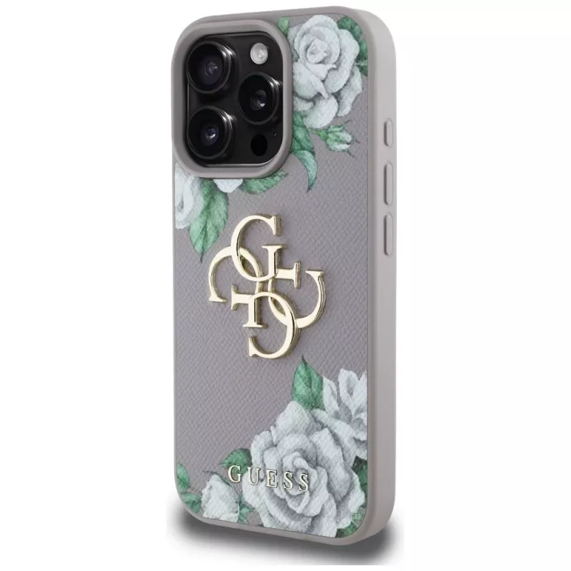 Guess Grained Roses Big 4G Logo Back Cover voor Apple iPhone 16 Pro - paars