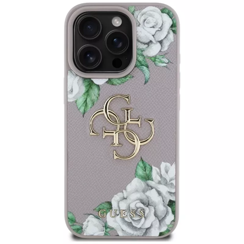 Guess Grained Roses Big 4G Logo Back Cover voor Apple iPhone 16 Pro - paars