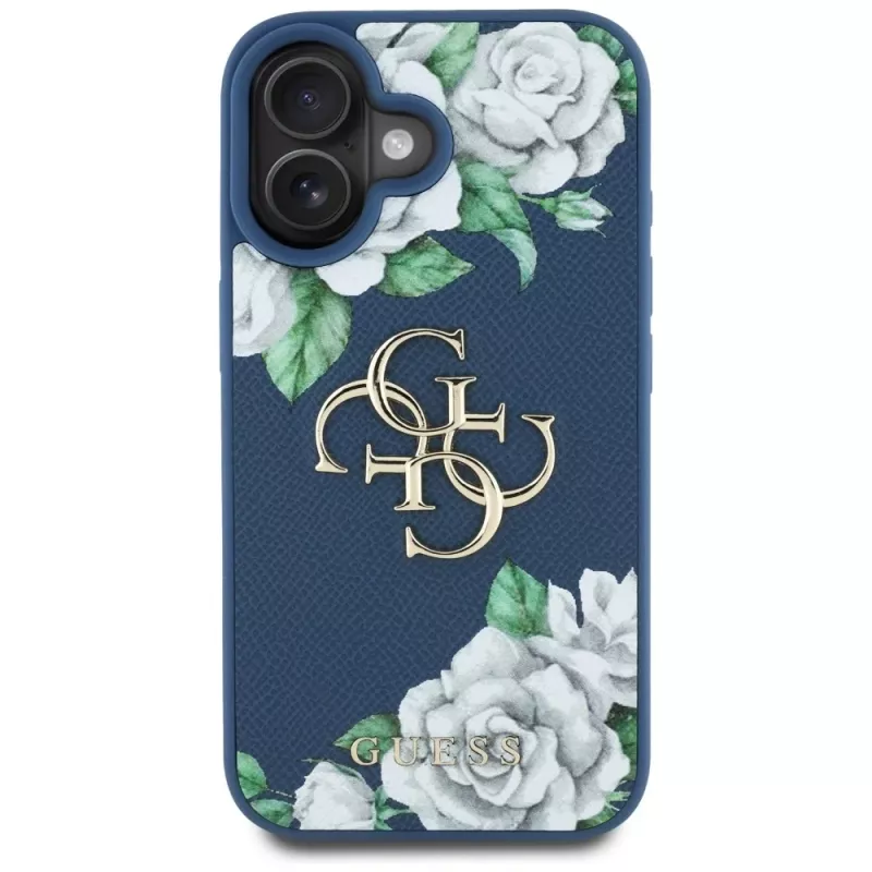 Guess Grained Roses Big 4G Logo Case voor Apple iPhone 16 - blauw
