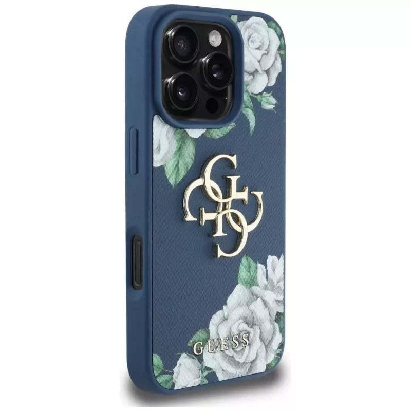 Guess Grained Roses Big 4G Logo Back Cover Case voor Apple iPhone 16 Pro - blauw