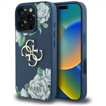 Guess Grained Roses Big 4G Logo hoesje voor iPhone 16 Pro Max, blauw