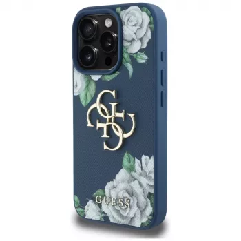 Guess Grained Roses Big 4G Logo hoesje voor iPhone 16 Pro Max, blauw