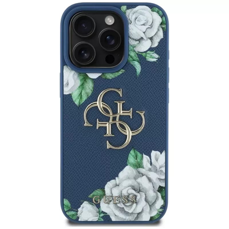 Guess Grained Roses Big 4G Logo hoesje voor iPhone 16 Pro Max, blauw