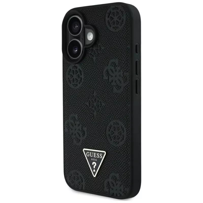 Guess Grained Hot Stamp Peony Triangle Logo MagSafe Case voor iPhone 16 (zwart)