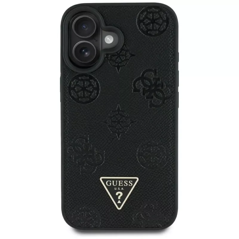 Guess Grained Hot Stamp Peony Triangle Logo MagSafe Case voor iPhone 16 (zwart)