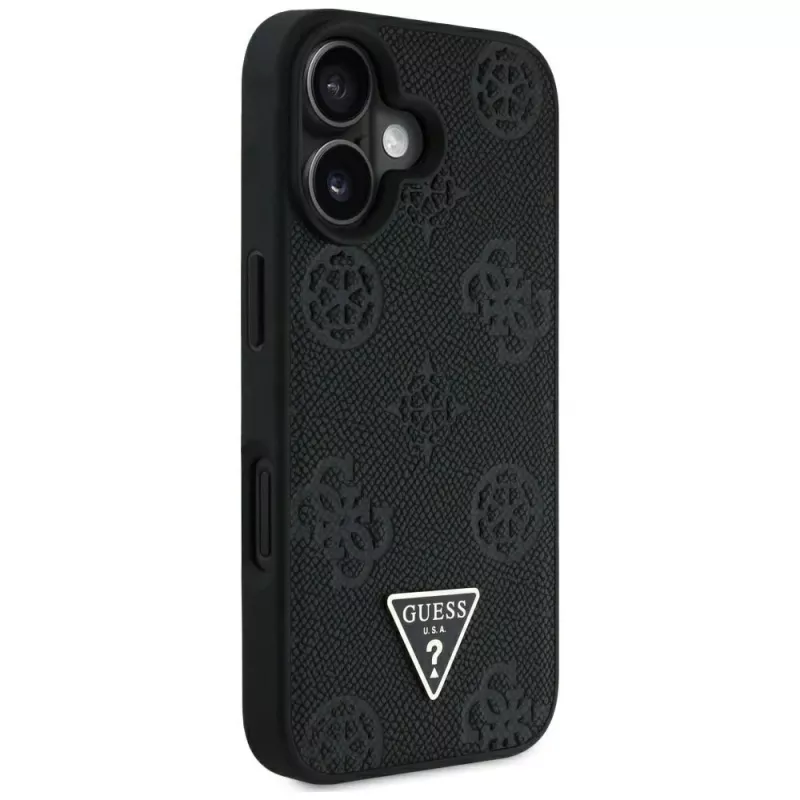 Guess Grained Hot Stamp Peony Triangle Logo MagSafe Case voor iPhone 16 (zwart)