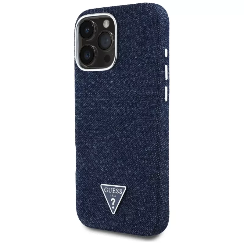 Guess Denim Triangle Logo MagSafe Case voor iPhone 16 Pro blauw