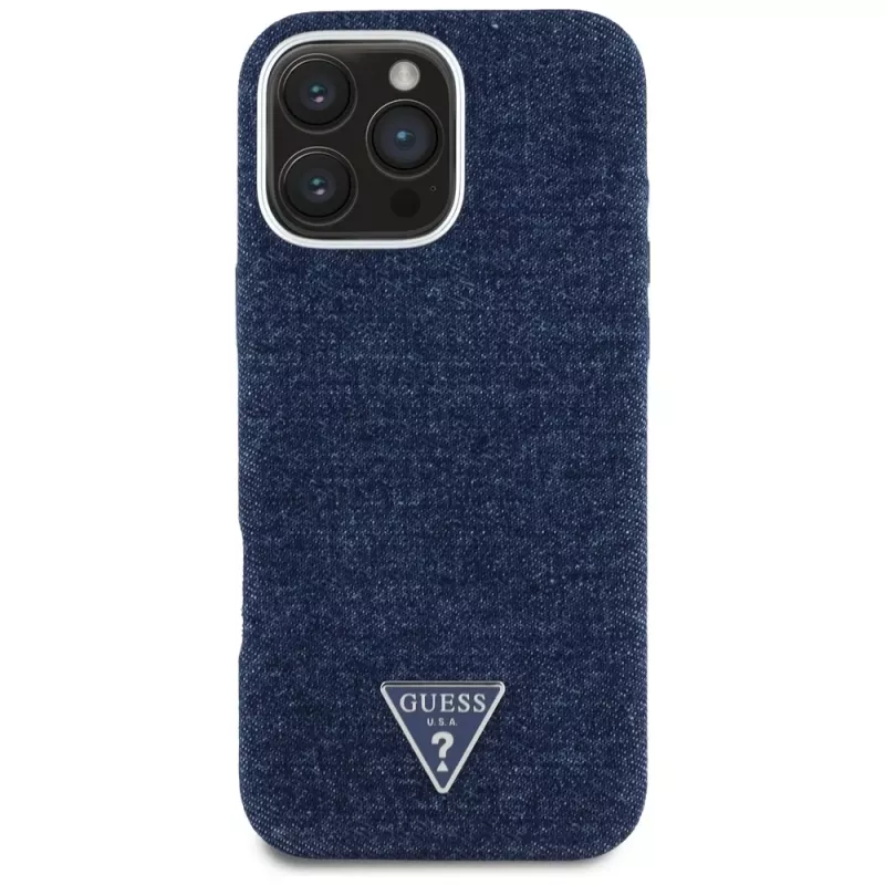 Guess Denim Triangle Logo MagSafe Case voor iPhone 16 Pro blauw