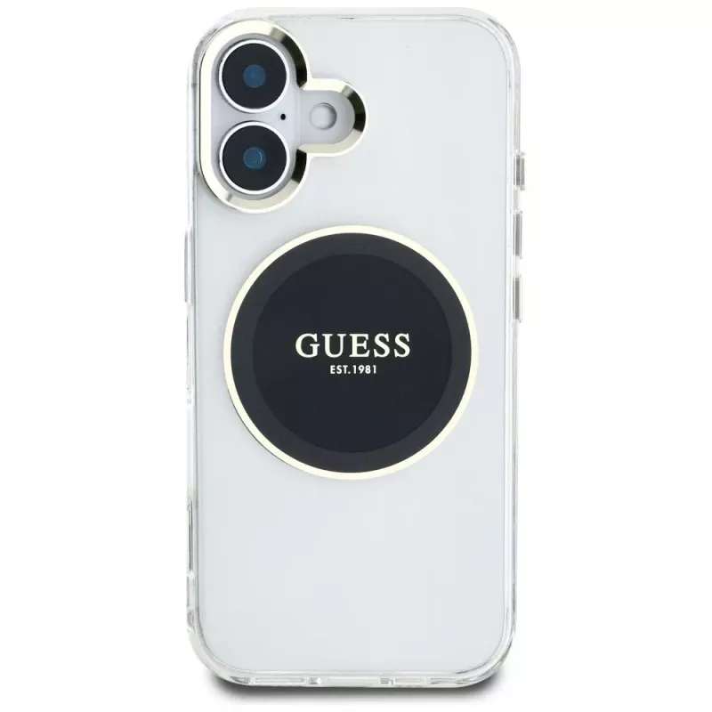 Guess IML Metal Colored Circle Classic Logo MagSafe Case voor iPhone 16 (zwart)