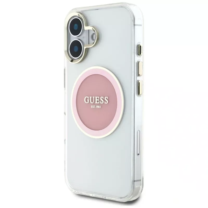 Guess IML Metal Colored Circle Classic Logo MagSafe Case voor iPhone 16 (roze)