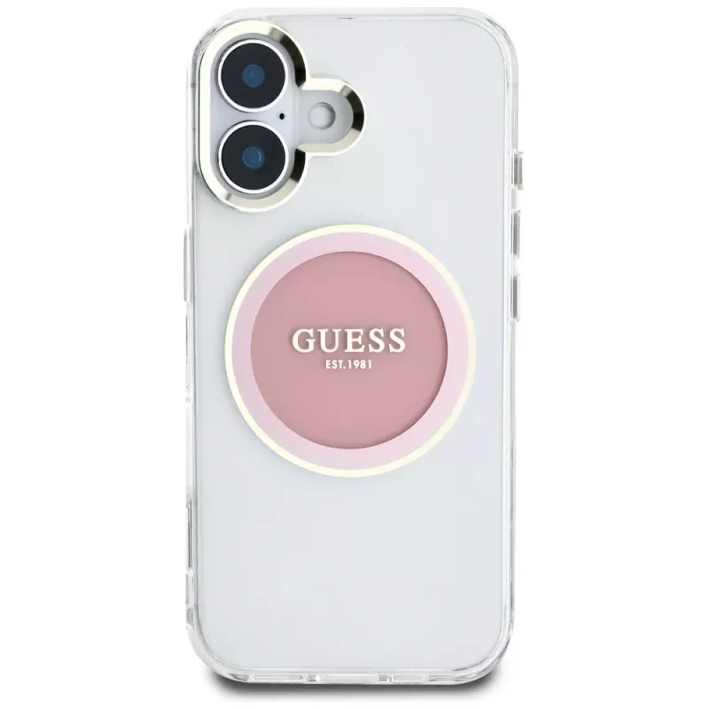 Guess IML Metal Colored Circle Classic Logo MagSafe Case voor iPhone 16 (roze)