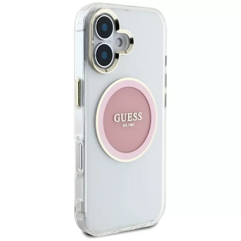 Guess IML Metal Colored Circle Classic Logo MagSafe Case voor iPhone 16 (roze)