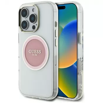 Guess IML Metal Colored Circle Classic Logo MagSafe Case voor iPhone 16 Pro (roze)