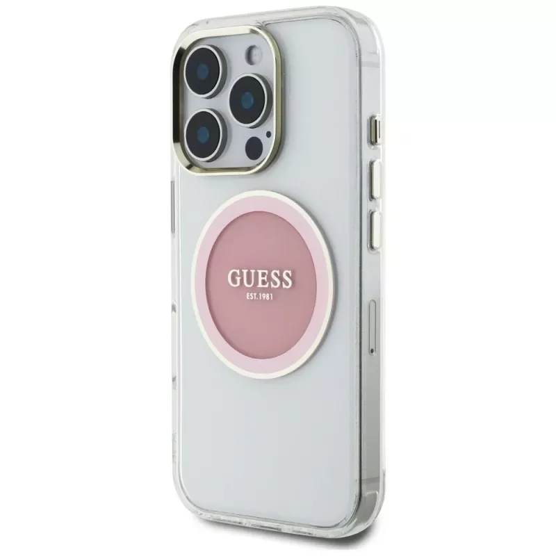Guess IML Metal Colored Circle Classic Logo MagSafe Case voor iPhone 16 Pro (roze)