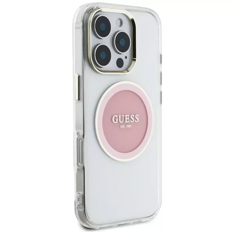 Guess IML Metal Colored Circle Classic Logo MagSafe Case voor iPhone 16 Pro (roze)
