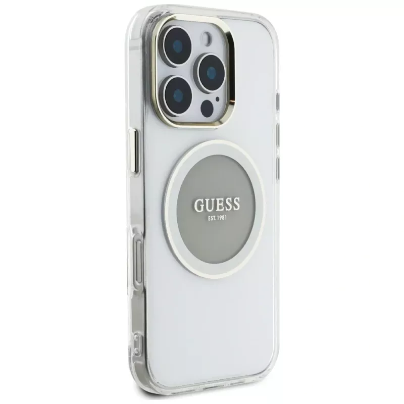 Guess IML Metal Colored Circle Classic Logo MagSafe Case voor iPhone 16 Pro (grijs)